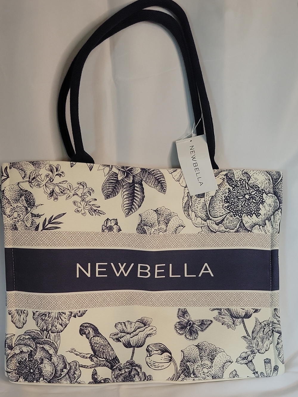 NEWBELLA Navy & Cream Floral Canvas Tote Bag